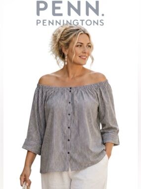 5X “In Every Story” Striped Button-Front Off-the-Shoulder Top in Gray and White
